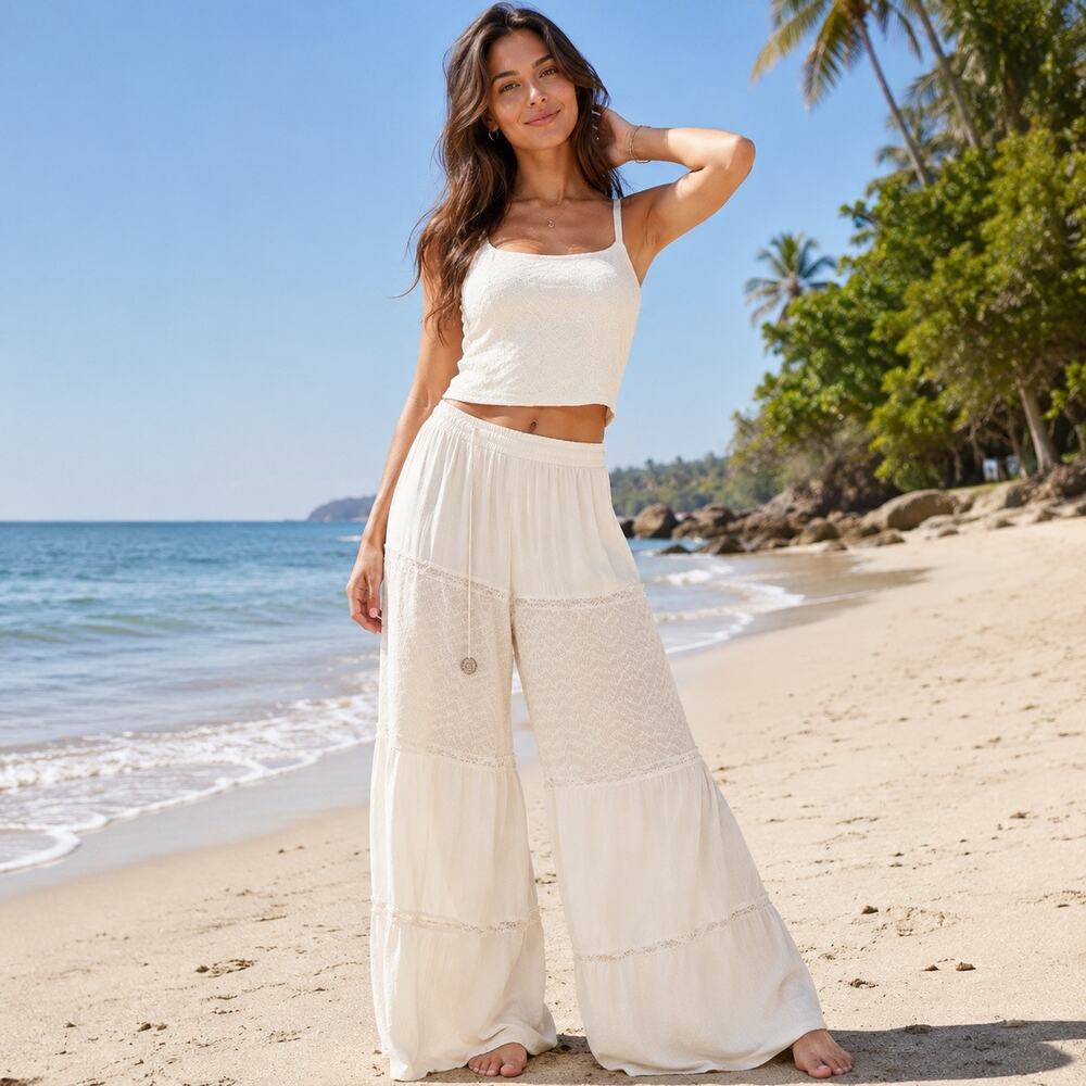 POL Cream Boho Wide Leg Palazzo Pants Cream Lace Trim Size Small NWOT
